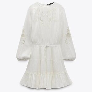 NWT Zara Cream Embroidered Tiered Dress Long Sleeve Elastic Waist Boho Sz L